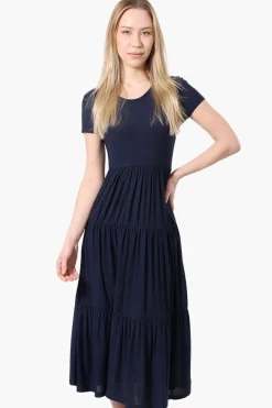 Costa Blanca Short Sleeve Tiered Maxi Dress - Navy