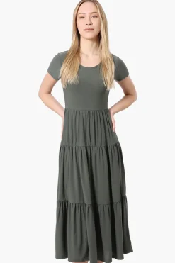 Costa Blanca Short Sleeve Tiered Maxi Dress - Olive