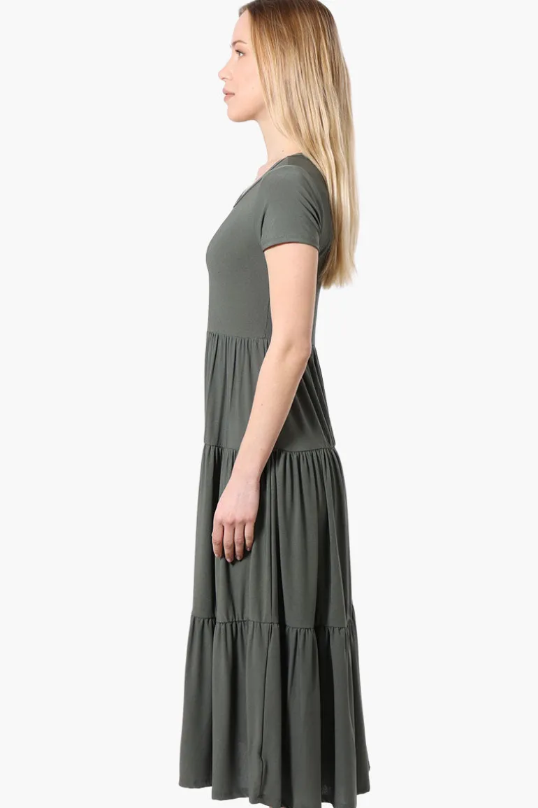 Costa Blanca Short Sleeve Tiered Maxi Dress - Olive