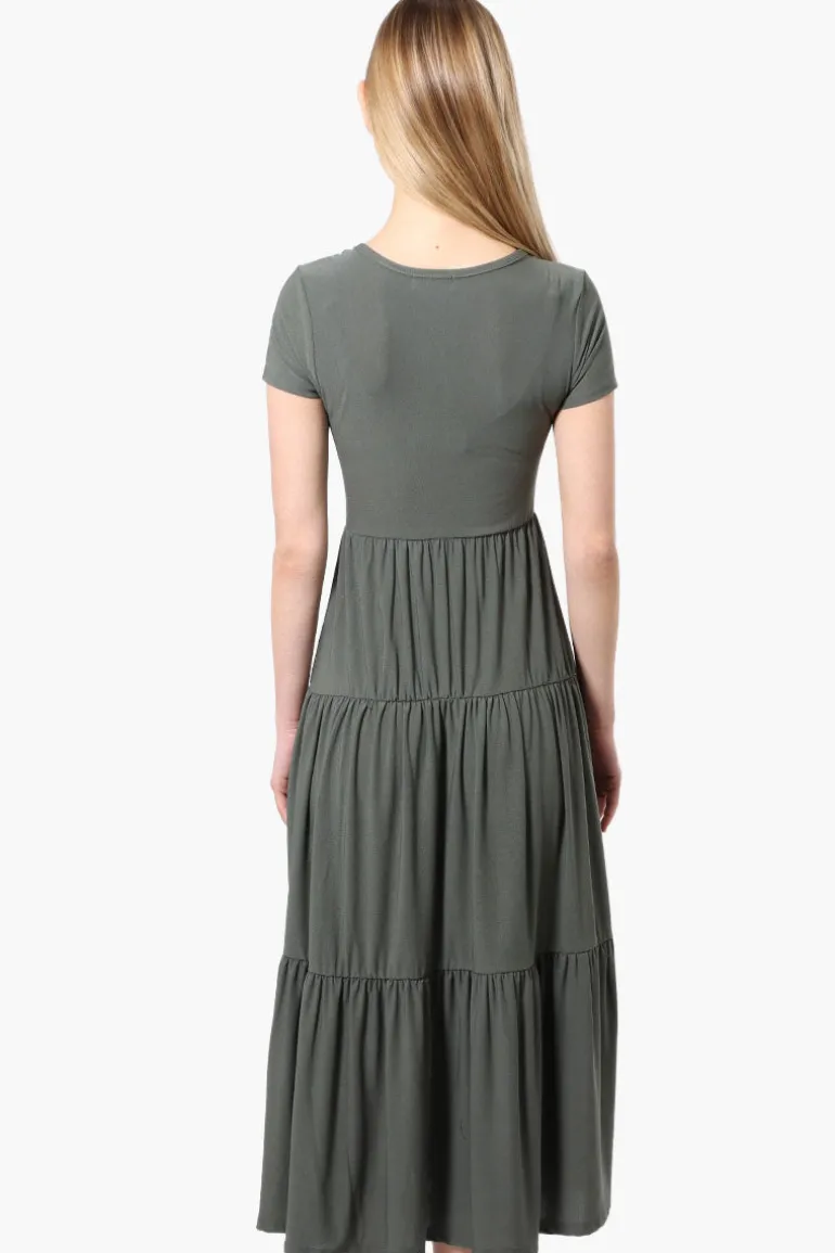 Costa Blanca Short Sleeve Tiered Maxi Dress - Olive