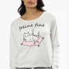 Cuddly Canuckies Feline Fine Print Pajama Top - White