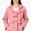 Fahrenheit Belted Double Breasted Hooded Lightweight Jacket - Pink