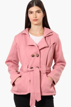 Fahrenheit Belted Double Breasted Hooded Lightweight Jacket - Pink
