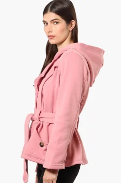 Fahrenheit Belted Double Breasted Hooded Lightweight Jacket - Pink