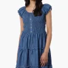 Impress Cap Sleeve Smocked Denim Day Dress - Blue