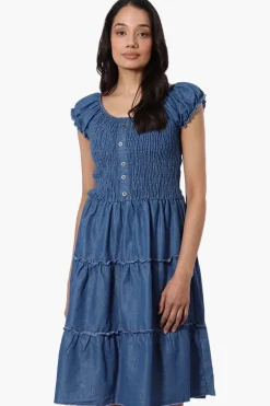 Impress Cap Sleeve Smocked Denim Day Dress - Blue