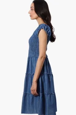 Impress Cap Sleeve Smocked Denim Day Dress - Blue