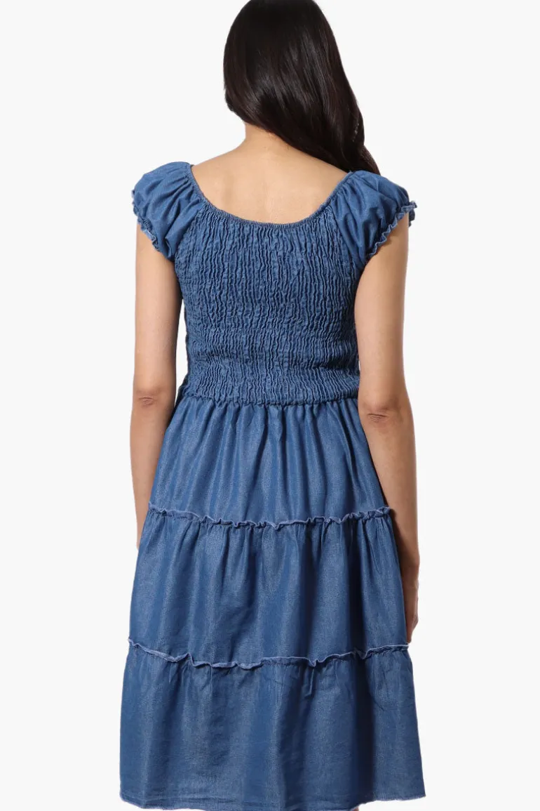 Impress Cap Sleeve Smocked Denim Day Dress - Blue