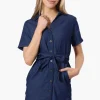 Impress Denim Button Down Short Sleeve Day Dress - Navy