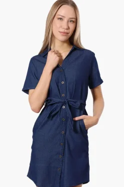 Impress Denim Button Down Short Sleeve Day Dress - Navy