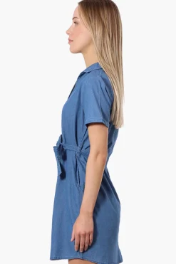 Impress Denim Button Down Short Sleeve Day Dress - Blue