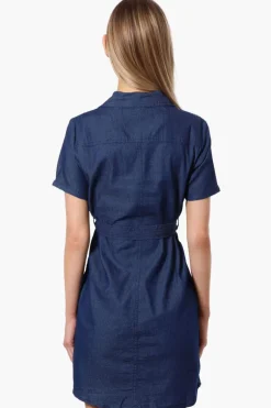 Impress Denim Button Down Short Sleeve Day Dress - Navy