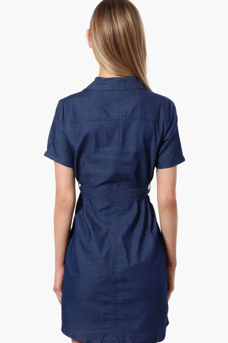 Impress Denim Button Down Short Sleeve Day Dress - Navy