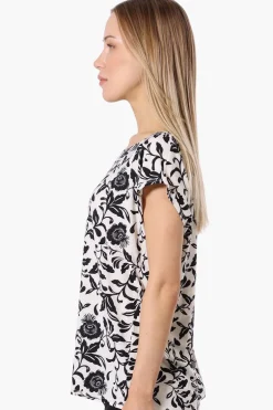 Impress Floral Cap Sleeve Circle Neck Tee - Cream