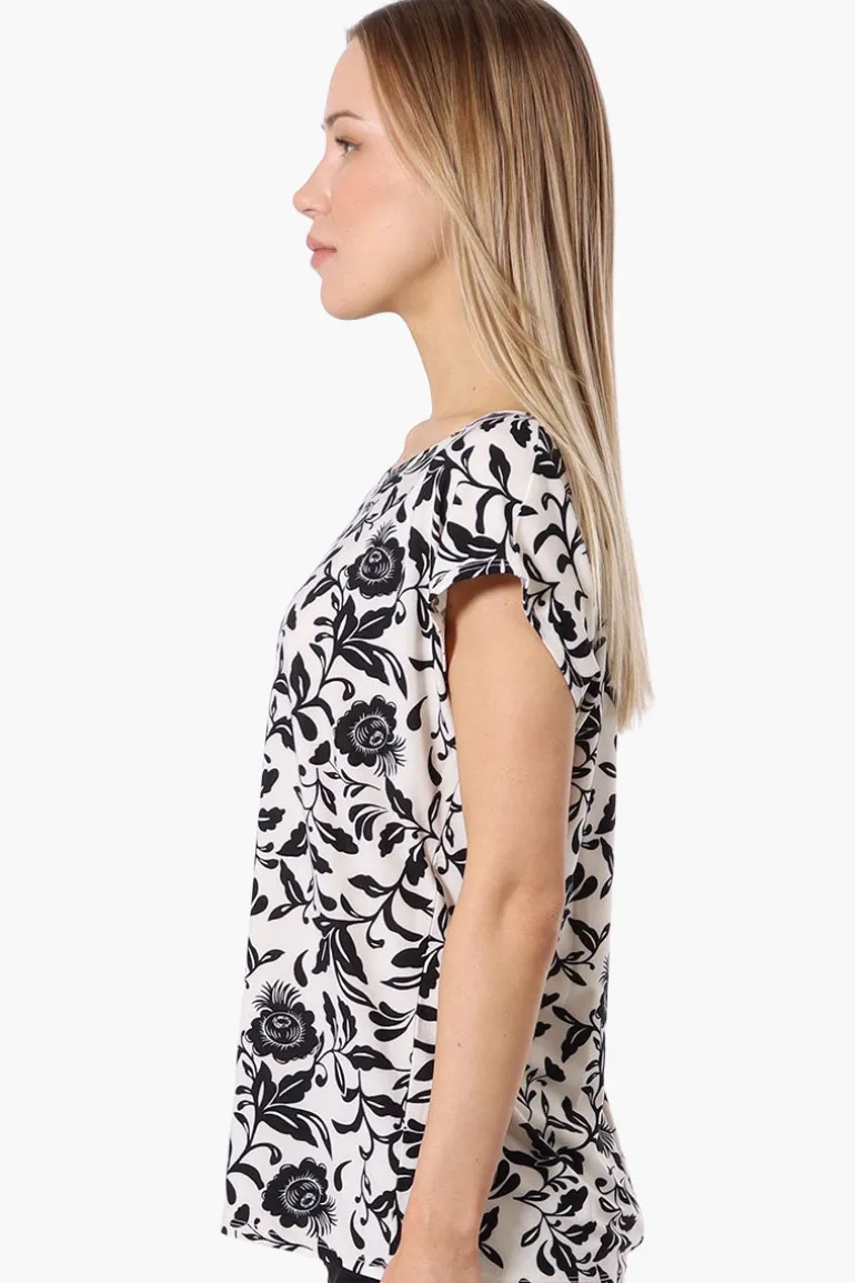 Impress Floral Cap Sleeve Circle Neck Tee - Cream