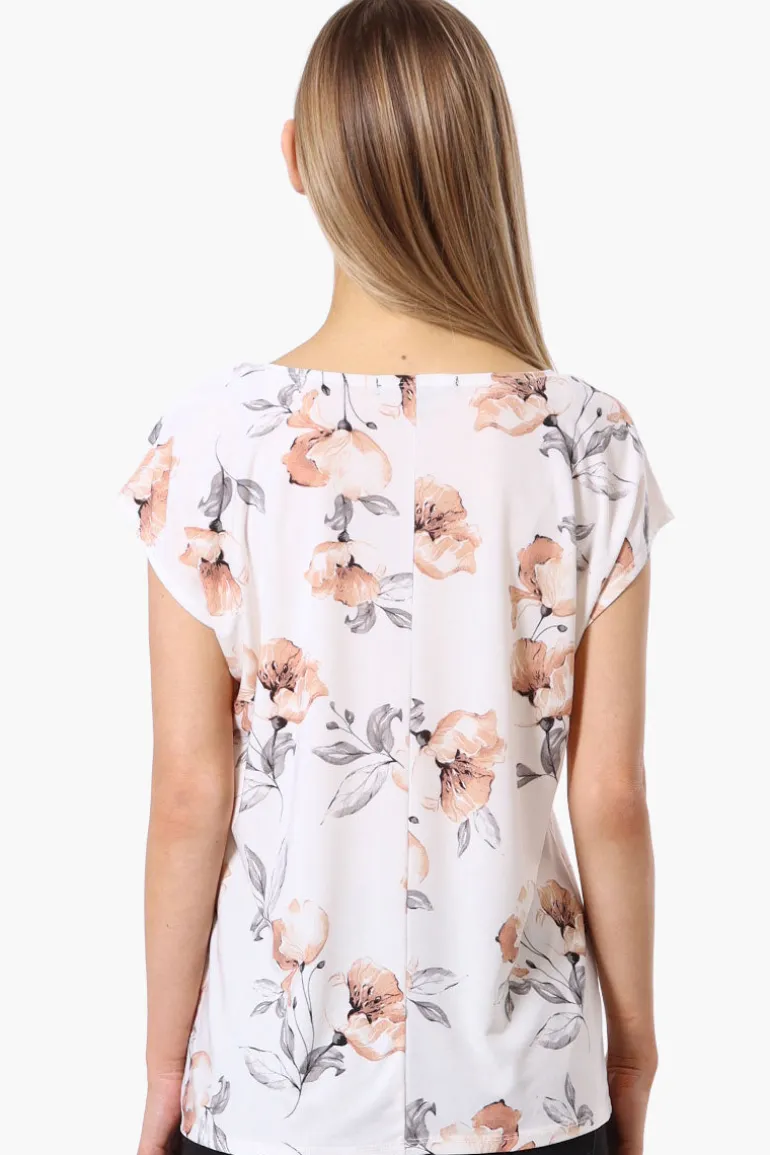 Impress Floral Cap Sleeve Circle Neck Tee - White