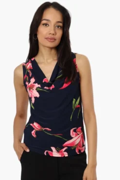 Impress Floral Cowl Neck Tank Top - Navy