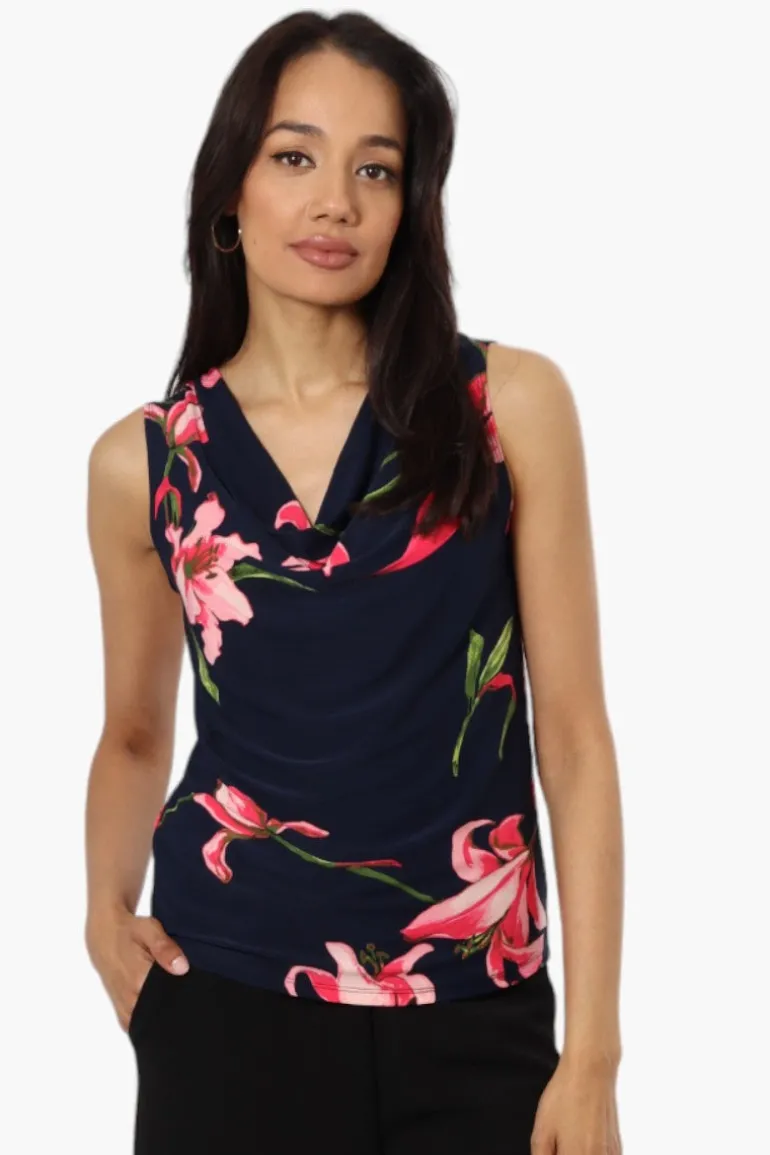 Impress Floral Cowl Neck Tank Top - Navy