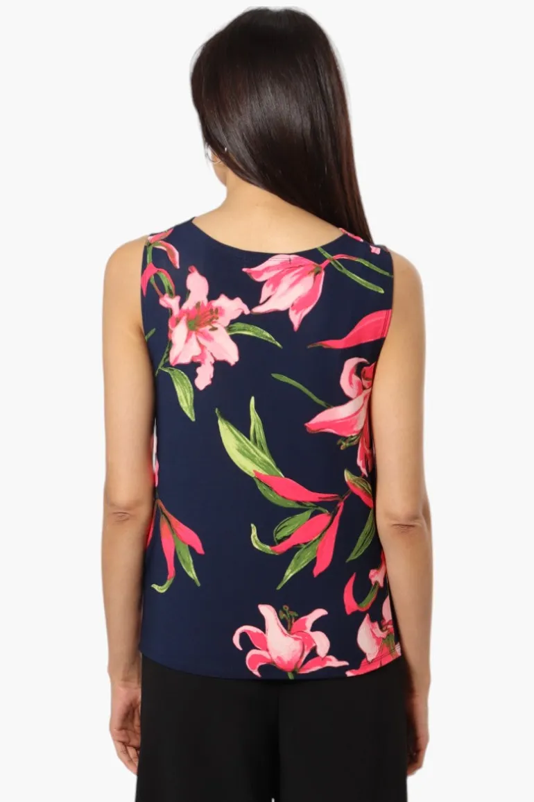 Impress Floral Cowl Neck Tank Top - Navy