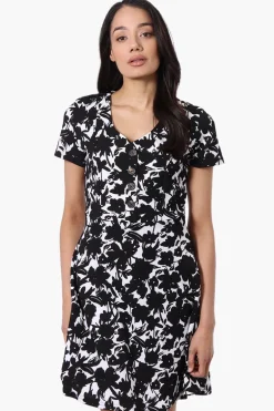Impress Floral Short Sleeve Button Down Day Dress - Black