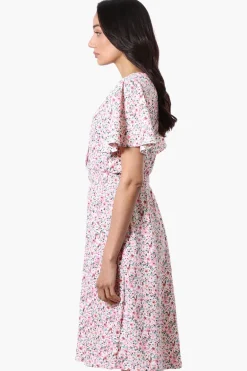 Impress Floral Short Sleeve Button Down Day Dress - Pink