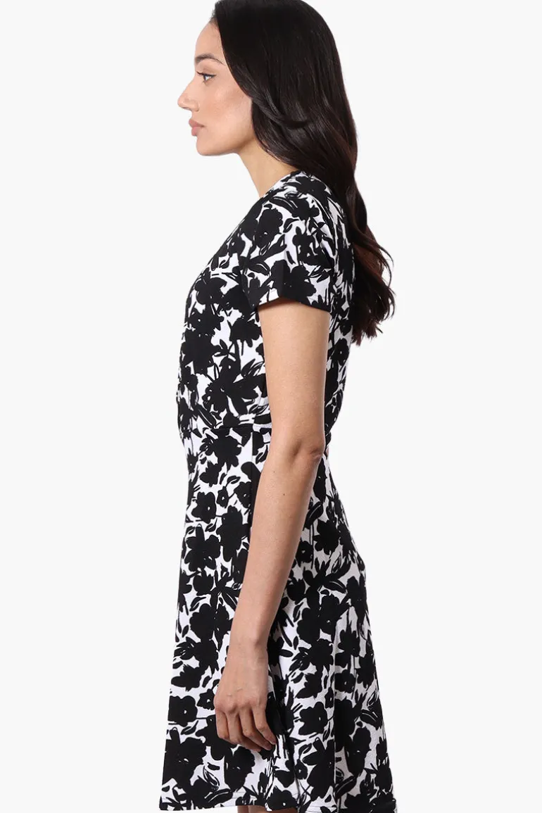 Impress Floral Short Sleeve Button Down Day Dress - Black