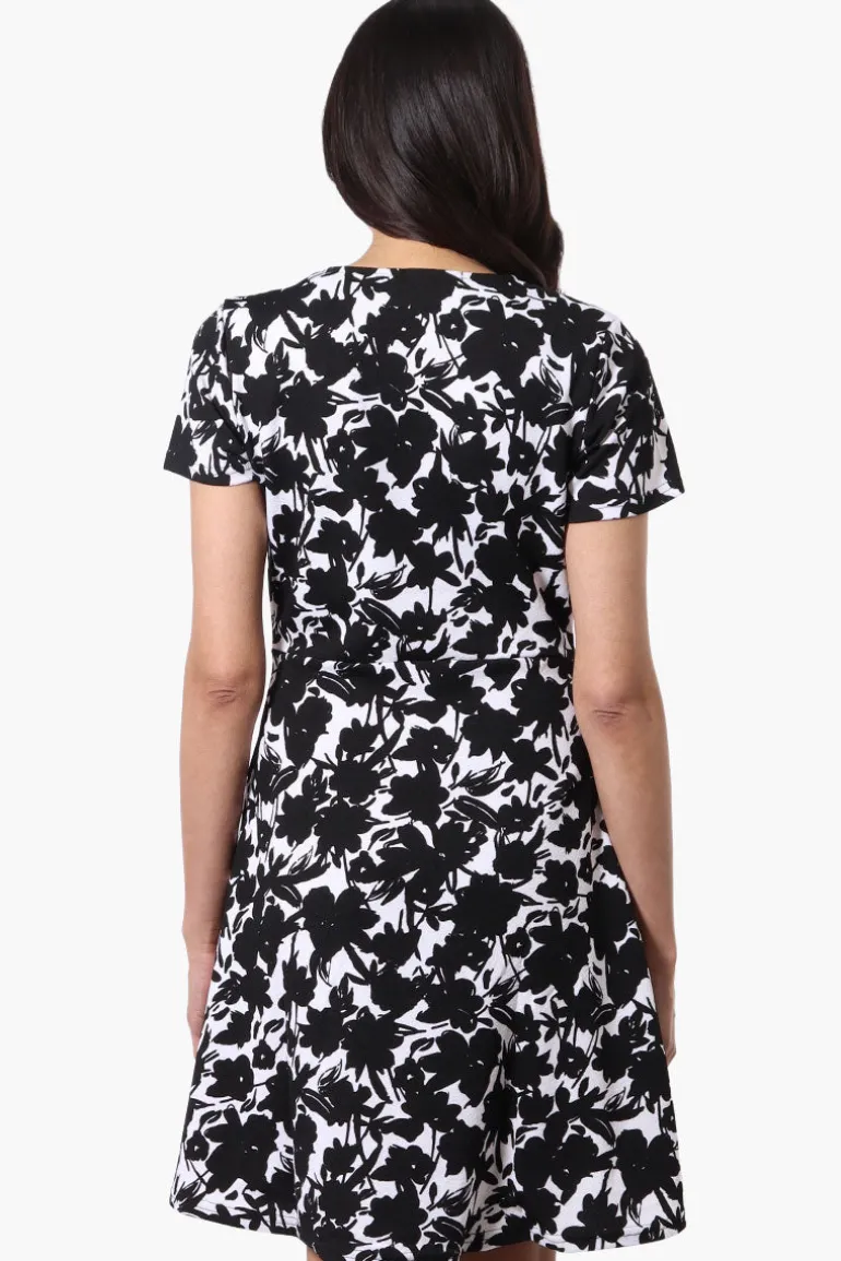 Impress Floral Short Sleeve Button Down Day Dress - Black