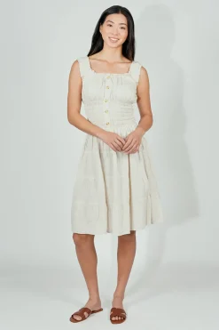 Impress Front Button Smocked Tiered Day Dress - Cream