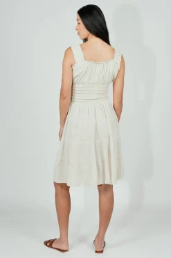 Impress Front Button Smocked Tiered Day Dress - Cream