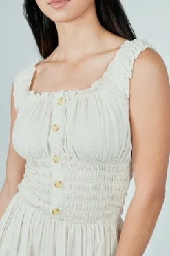 Impress Front Button Smocked Tiered Day Dress - Cream