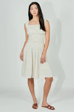 Impress Front Button Smocked Tiered Day Dress - Cream