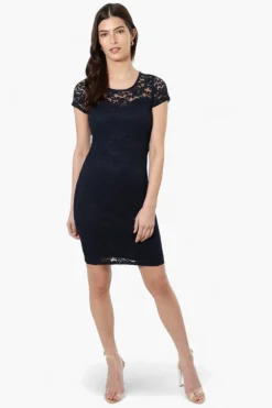 Impress Lace Rose Pattern Cocktail Dress - Navy