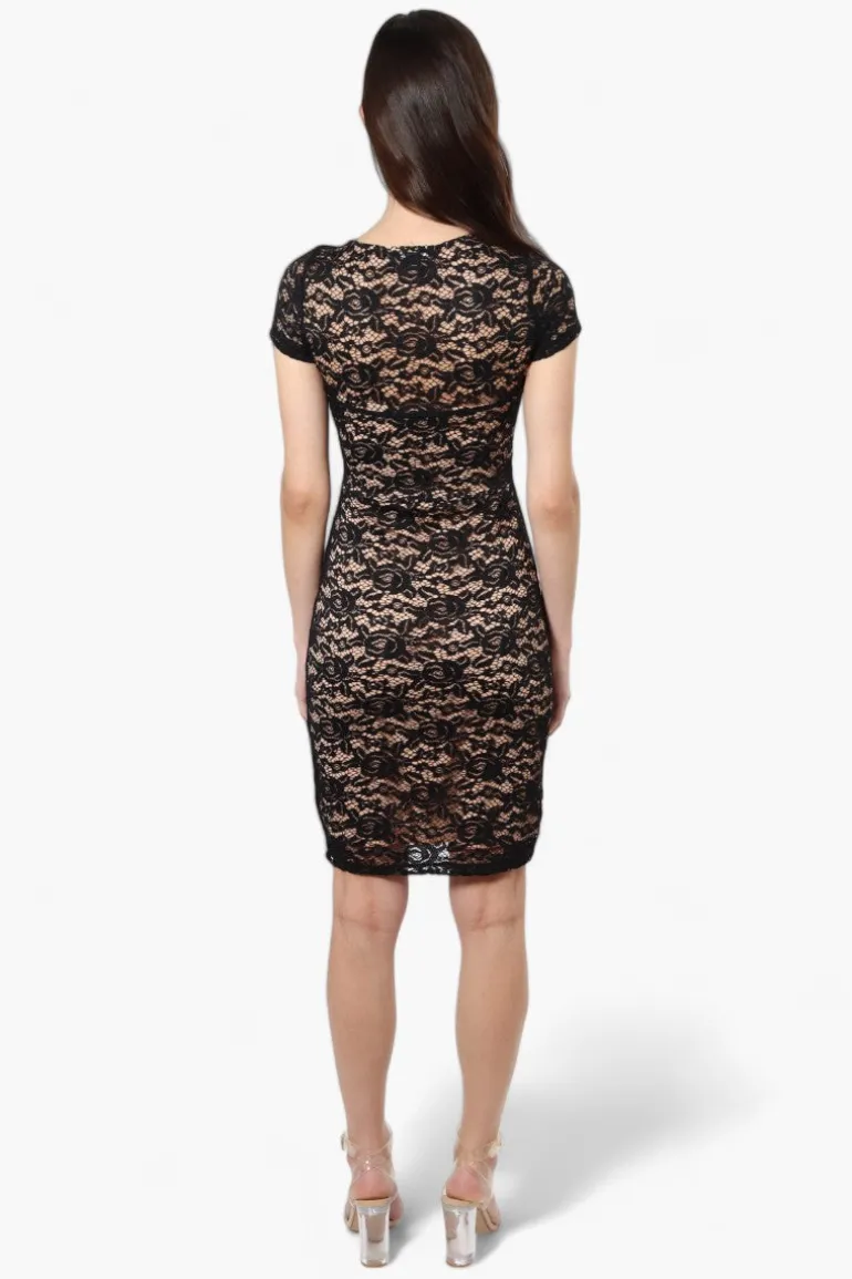 Impress Lace Rose Pattern Cocktail Dress - Black