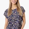 Impress Patterned Cap Sleeve Circle Neck Tee - Navy
