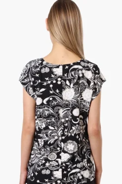 Impress Patterned Cap Sleeve Circle Neck Tee - Black