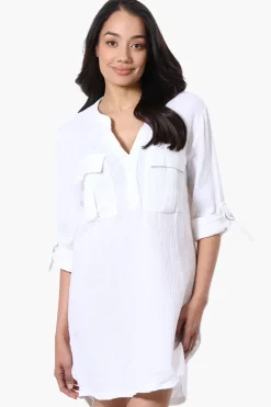 Impress Roll Up Sleeve Shirt Day Dress - White
