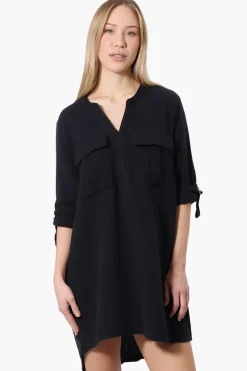 Impress Roll Up Sleeve Shirt Day Dress - Black