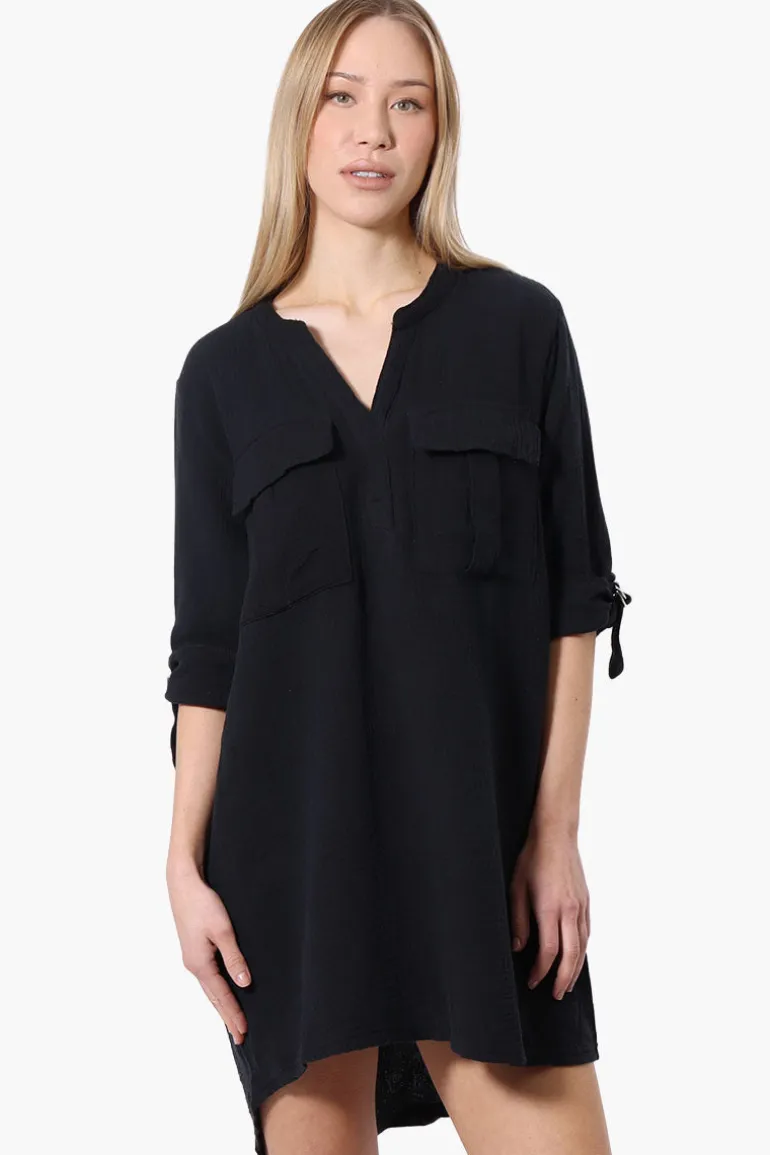Impress Roll Up Sleeve Shirt Day Dress - Black