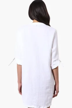 Impress Roll Up Sleeve Shirt Day Dress - White