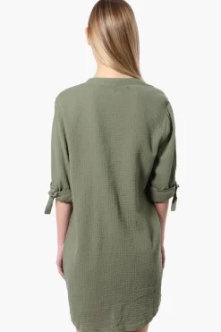 Impress Roll Up Sleeve Shirt Day Dress - Olive