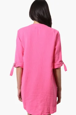 Impress Roll Up Sleeve Shirt Day Dress - Pink