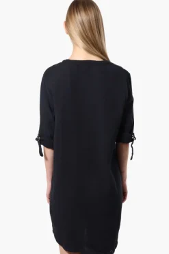 Impress Roll Up Sleeve Shirt Day Dress - Black