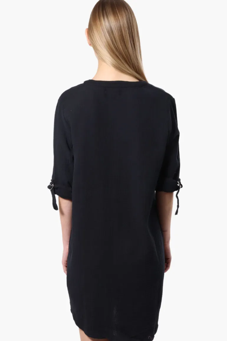Impress Roll Up Sleeve Shirt Day Dress - Black