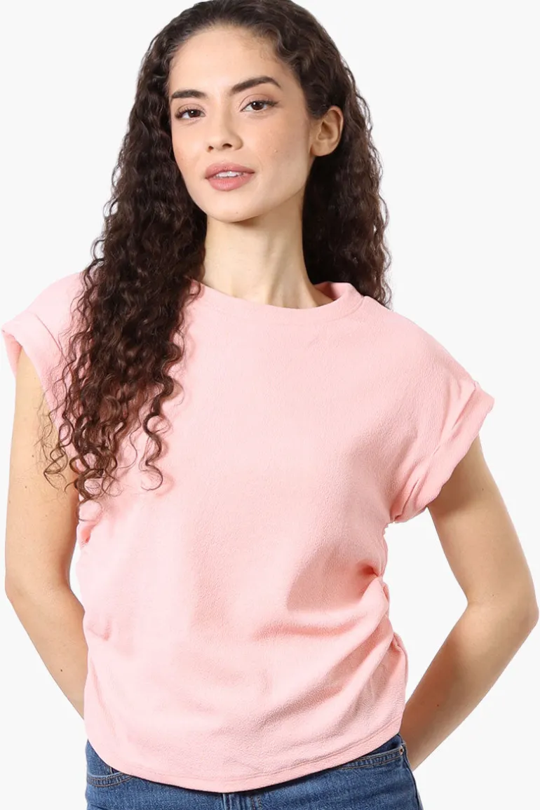 Impress Short Sleeve Side Ruching Blouse - Pink