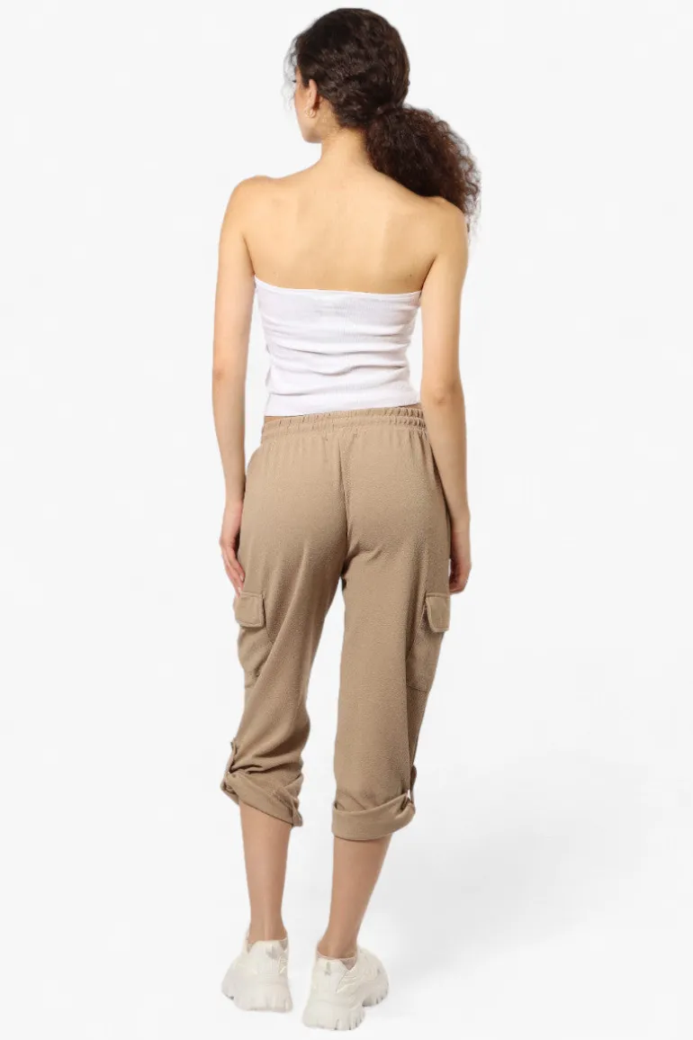 Impress Solid Tie Waist Cargo Pants - Beige