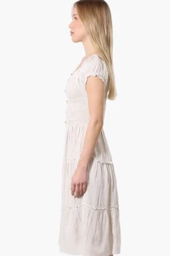 Impress Square Neck Smocked Day Dress - Beige