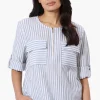 Impress Striped Roll Up Sleeve Linen Shirt - Blue