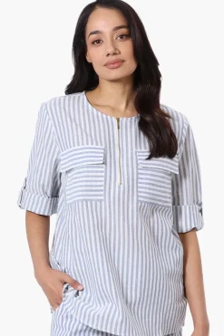 Impress Striped Roll Up Sleeve Linen Shirt - Blue