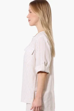 Impress Striped Roll Up Sleeve Linen Shirt - Cream