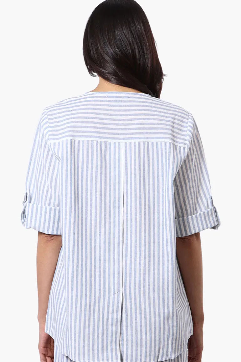 Impress Striped Roll Up Sleeve Linen Shirt - Blue